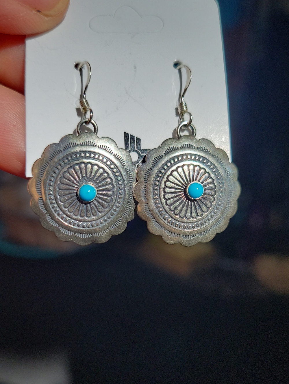 Turquoise Center Sterling Silver Concho Drop Earrings - Women Jewelry